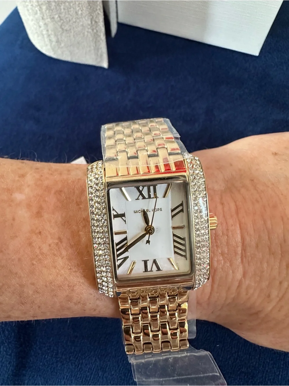 Michael Kors Petite Emery Gold-Tone Crystal Pavé Rectangular Watch NWT